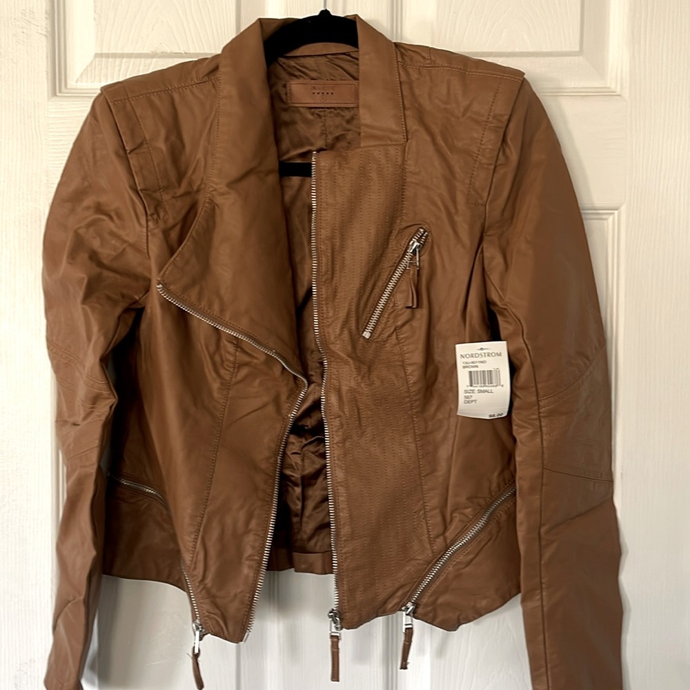 NWT Blank NYC Faux Leather Brown Moto Jacket Zips New With Tags Size Small Coat